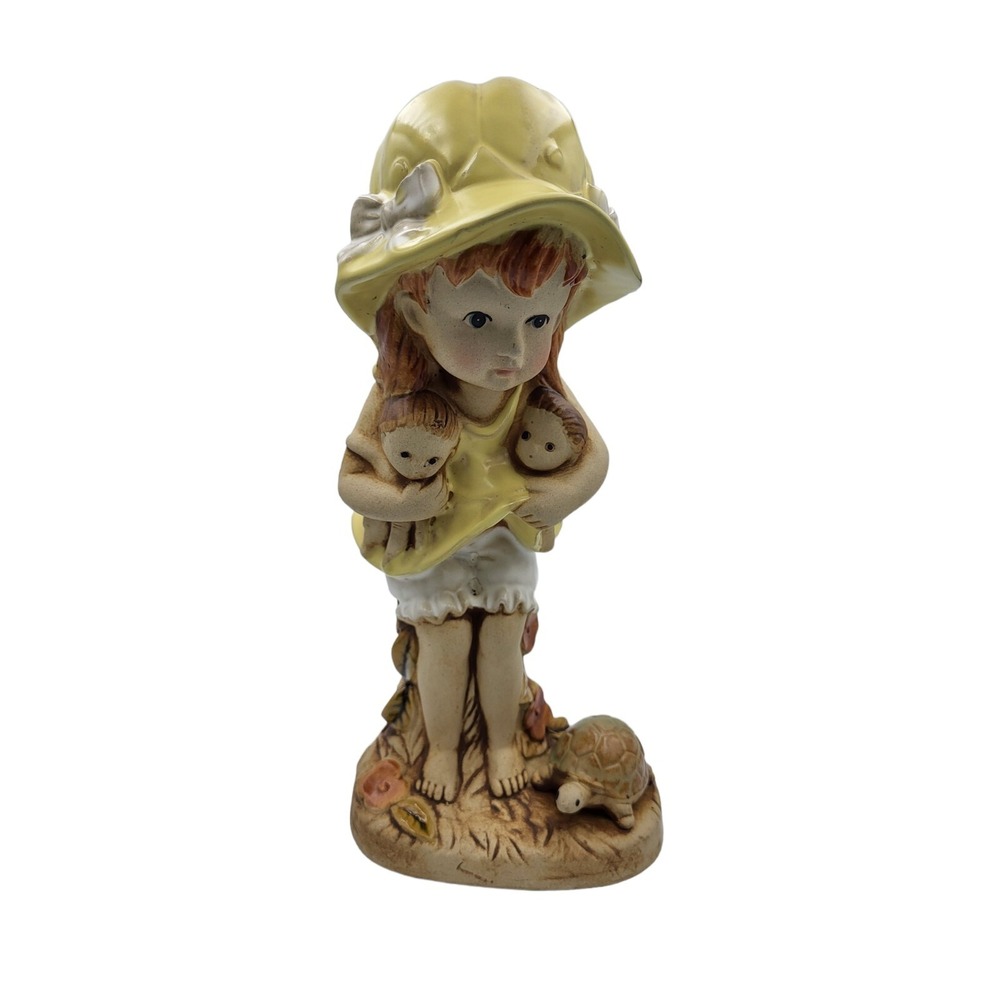 Vintage  1970's Mann Pottery Japan Girl Holding Dolls w/ Turtle‎ Figurine Luv-22